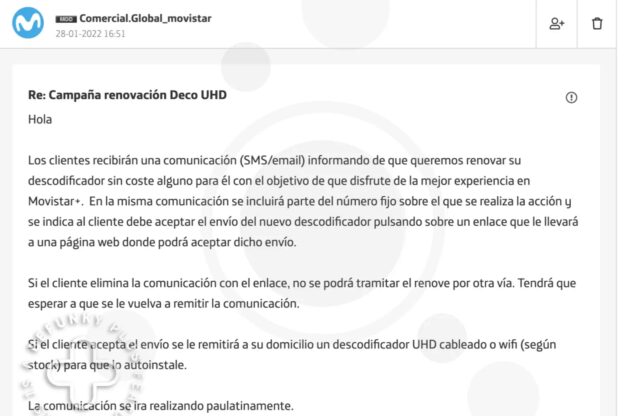Email Movistar cambio descodificador